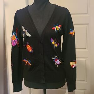 Black Embroidered Bug Motif V-Neck Cardigan Sweater S